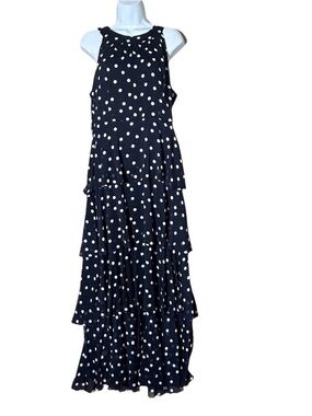 New Tommy Hilfiger Polka Dot Dress Womens 10 Navy Blue Tiered Maxi Lined Chiffon